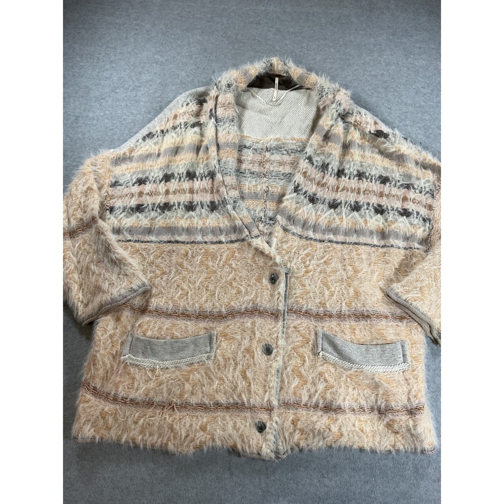 Free People Eyelash Knit Cardigan Sweater Tan Grey Striped Small 2238